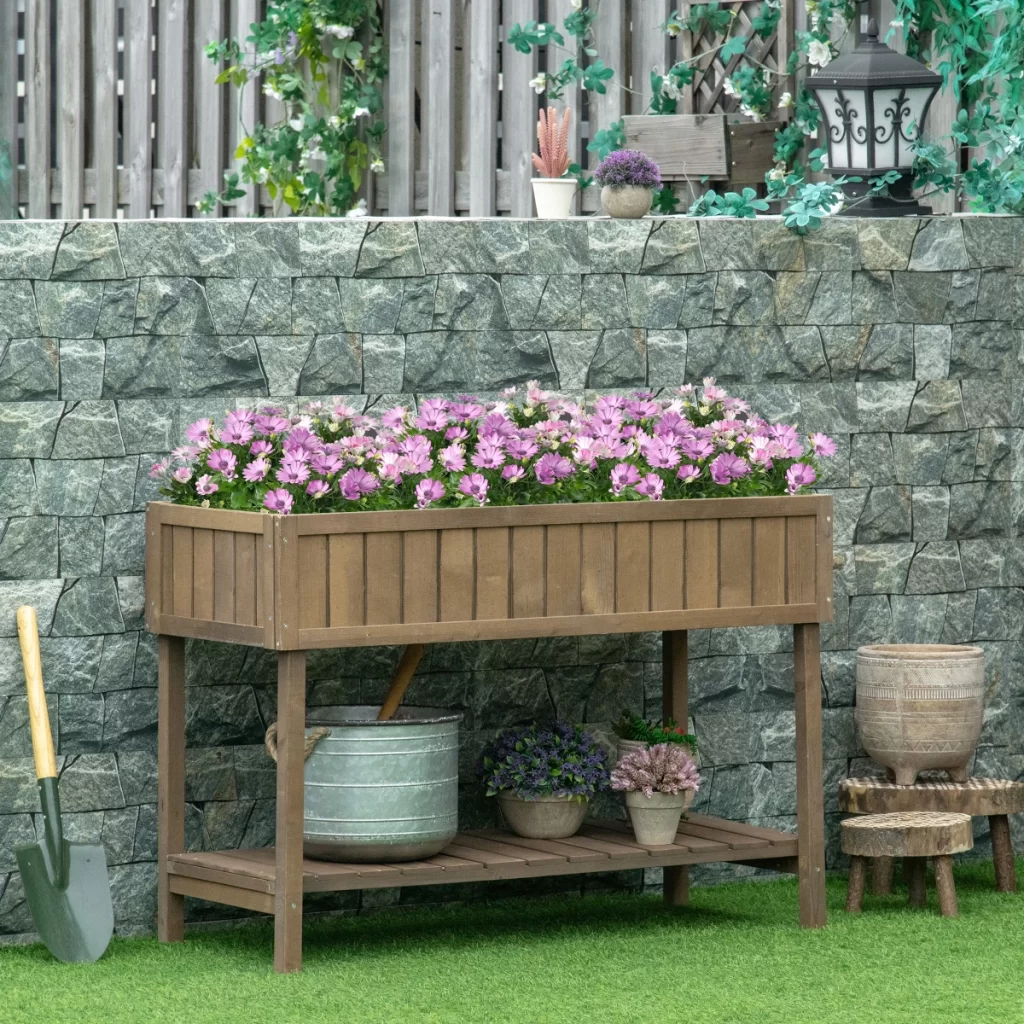 Outsunny Wooden Raised Bed with Shelves and Tabletop