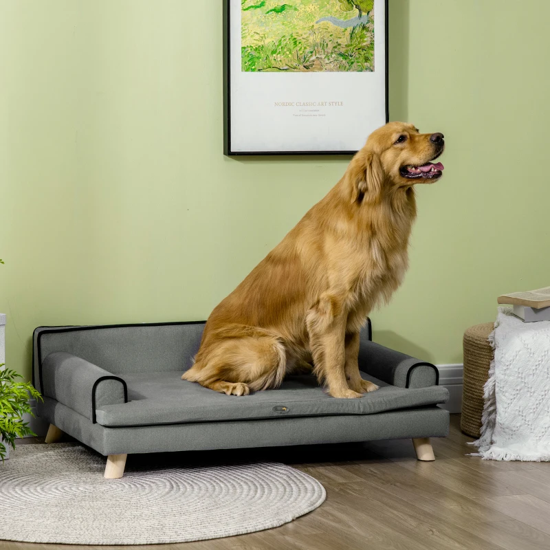 Large golden retriever sitting on grey modern pet sofa indoors.