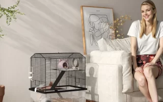 woman sitting beside clear-bottom hamster cage