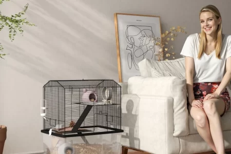 woman sitting beside clear-bottom hamster cage
