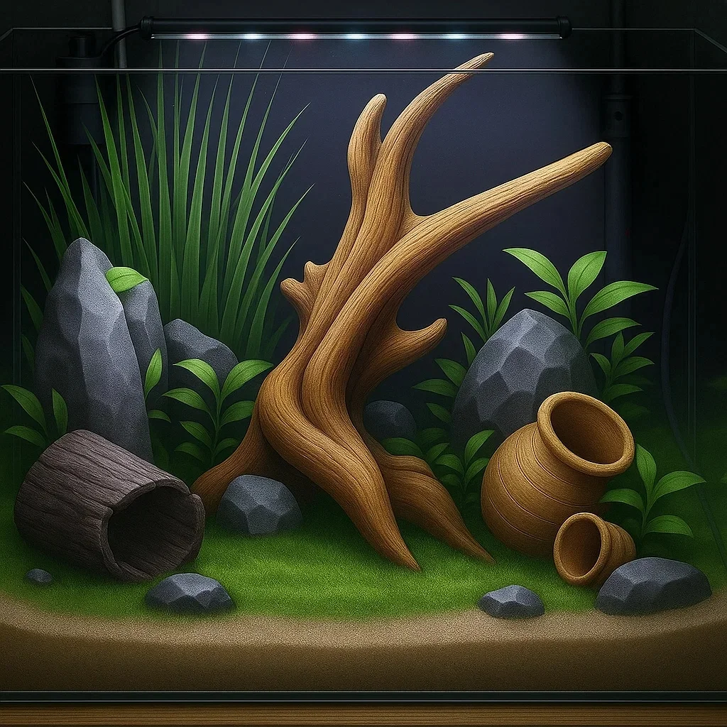 Aquarium with lighting highlighting driftwood, rocks, and green plants.