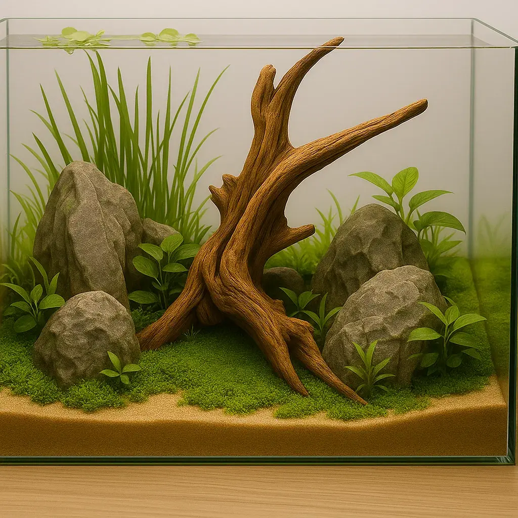 Aquarium with hardscape, lush green plants, and sandy substrate.