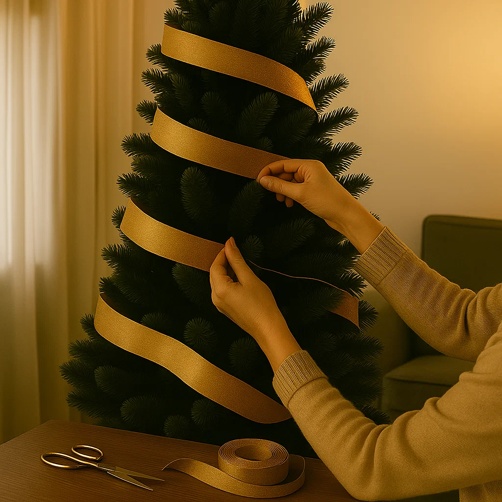 Person wrapping gold ribbon around Christmas tree branches