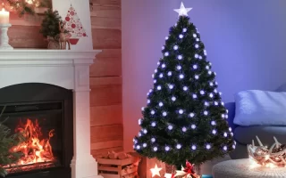 Cozy living room with glowing Christmas tree and gifts