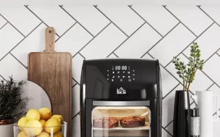 Modern air fryers and mini ovens on kitchen counter promoting healthy cooking discounts.