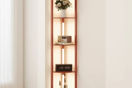 Modern floor lamp with warm light enhancing a stylish bedroom interior.