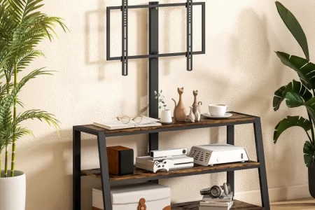 Modern TV stand display with plants and décor