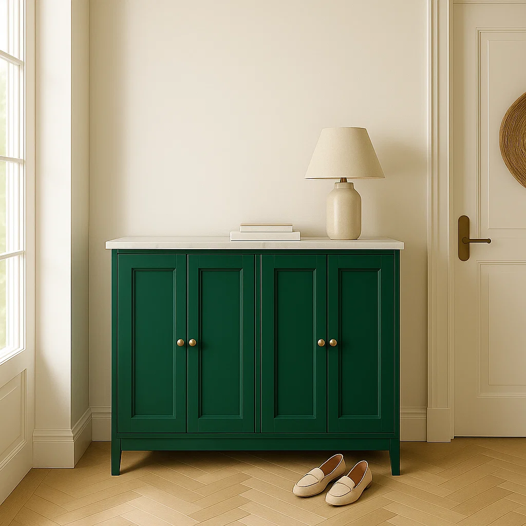 Green shoe cabinet with gold knobs and beige table lamp in entryway.