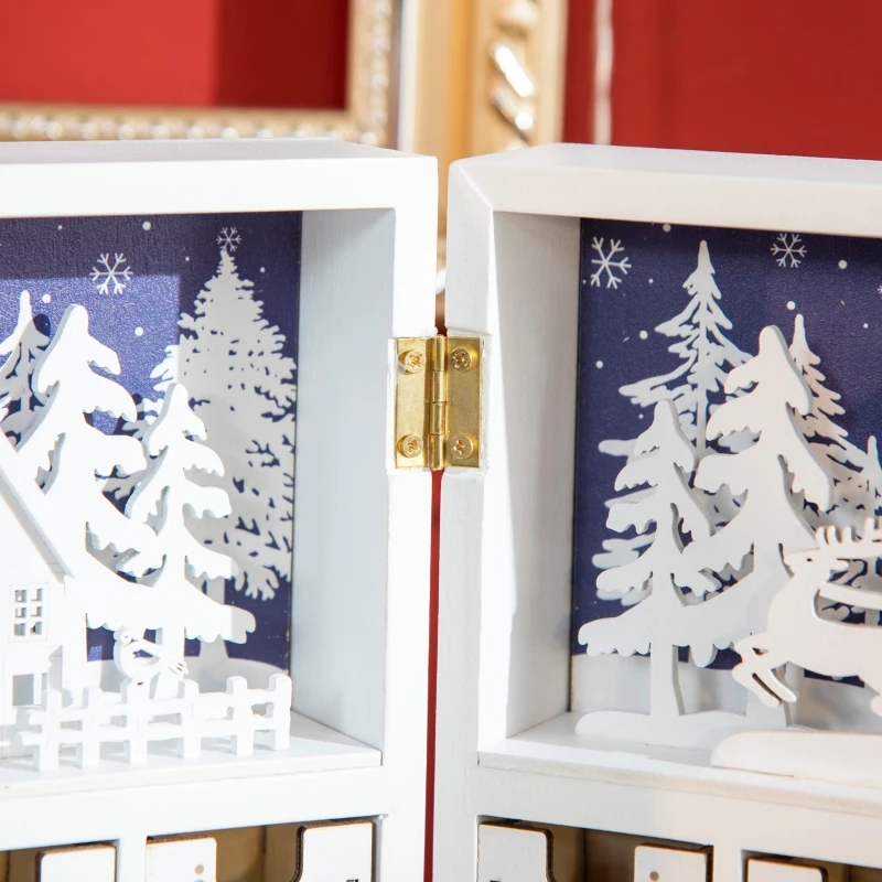 Close-up of wooden advent calendar doors with winter scene.