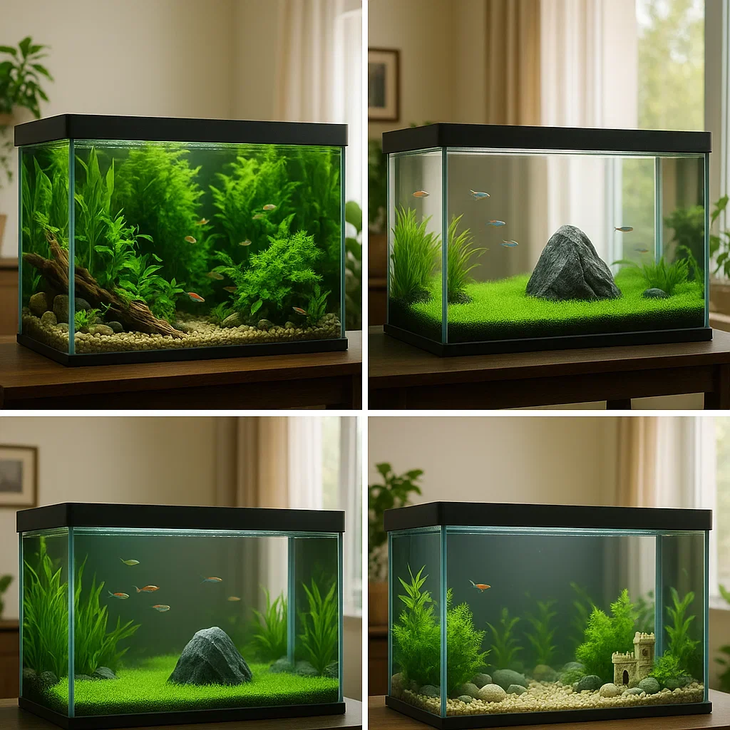 Four different decorated aquarium themes: planted, rock, and castle.