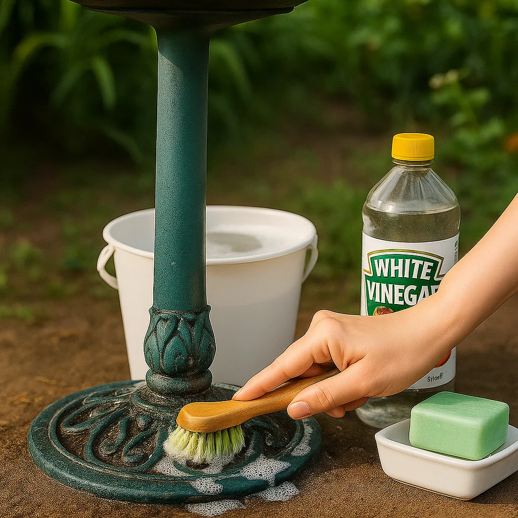 Scrubbing bird bath pedestal with soapy water near vinegar bottle.