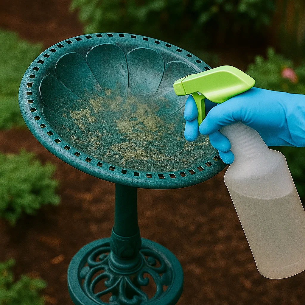 Spraying vinegar solution on a dirty green bird bath basin.