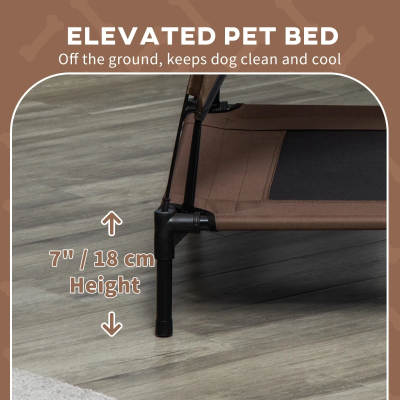 Brown elevated dog bed with removable canopy shown