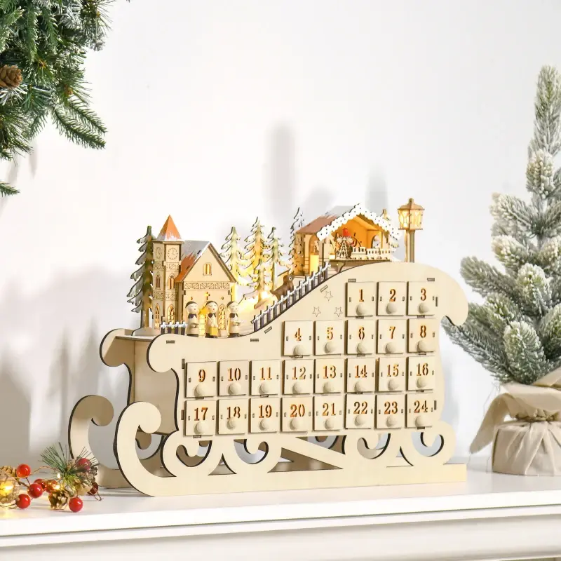 wooden sleigh advent calendar with glowing village scene