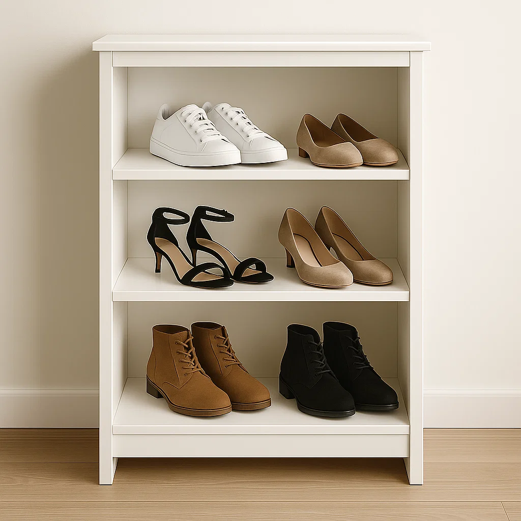 White three-tier open shoe rack with neatly arranged footwear.
