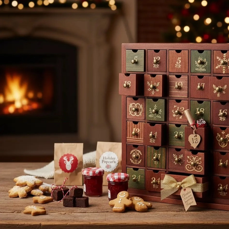 wooden advent calendar with sweets, cookies, jars and festive treats