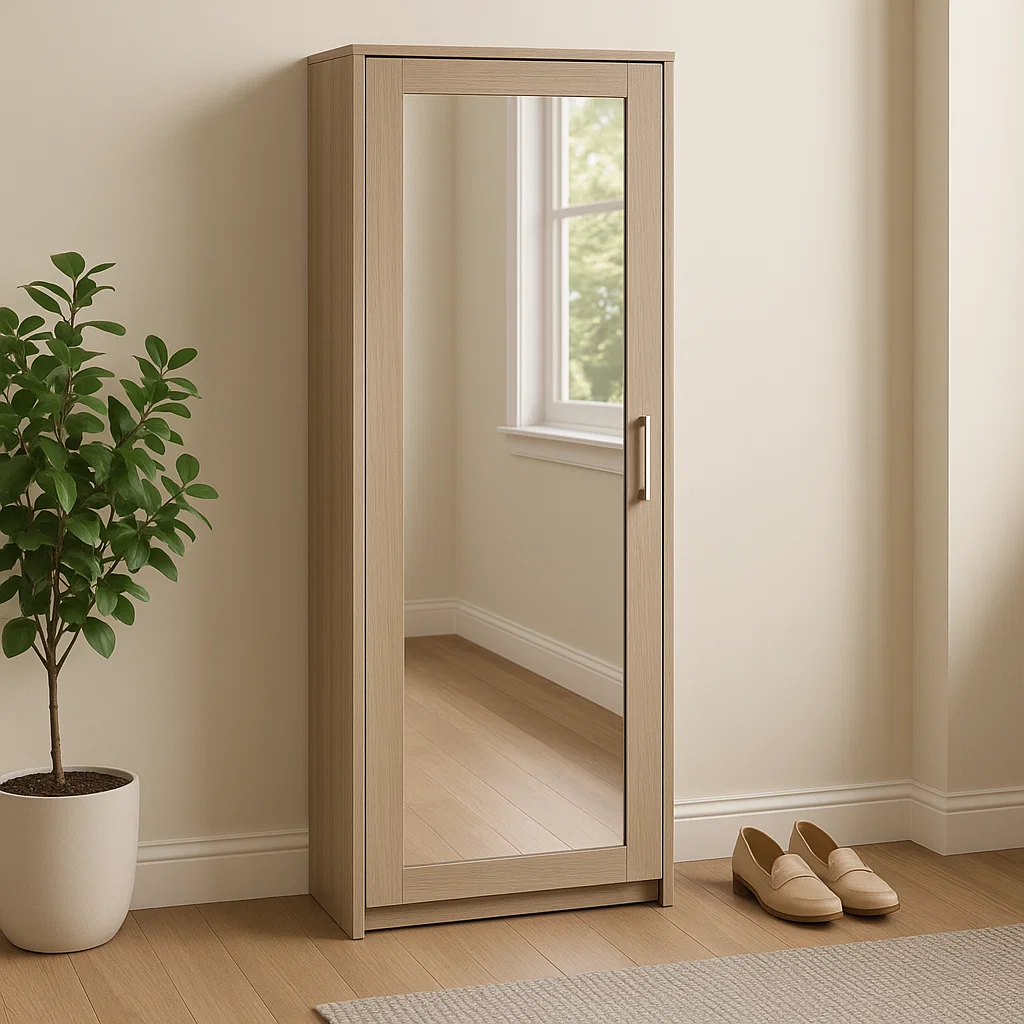 Tall wooden cabinet with full-length mirror door beside indoor plant.
