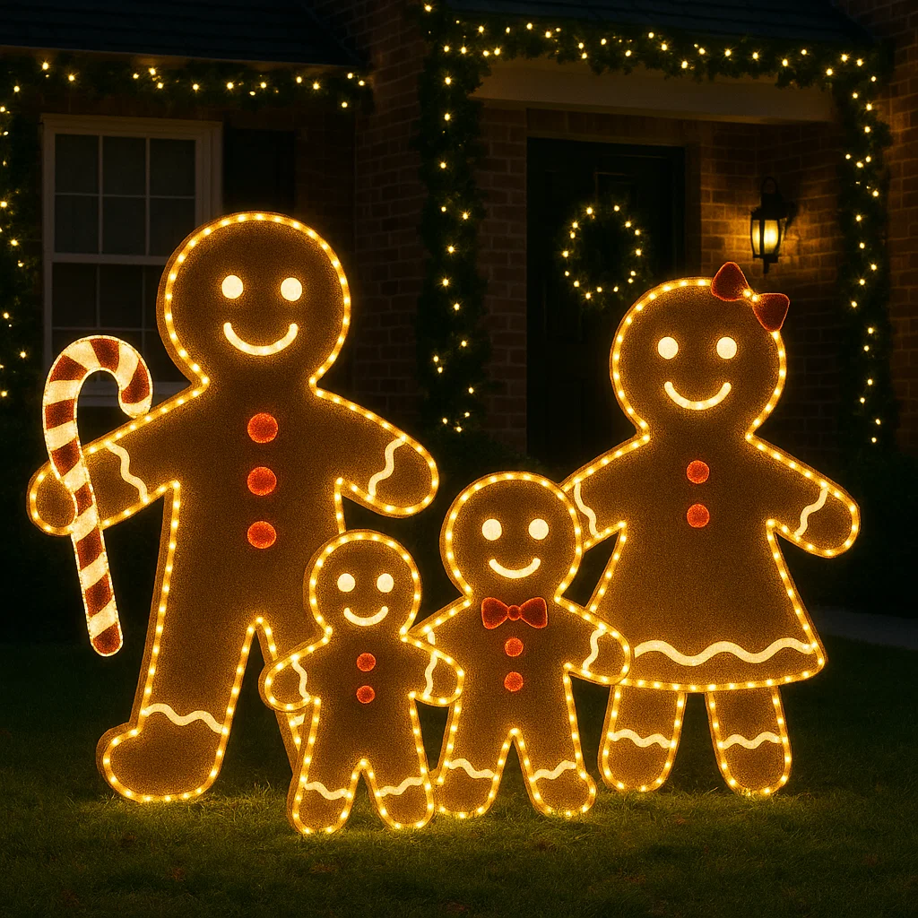 Illuminated gingerbread family figures with candy cane outside decorated home.