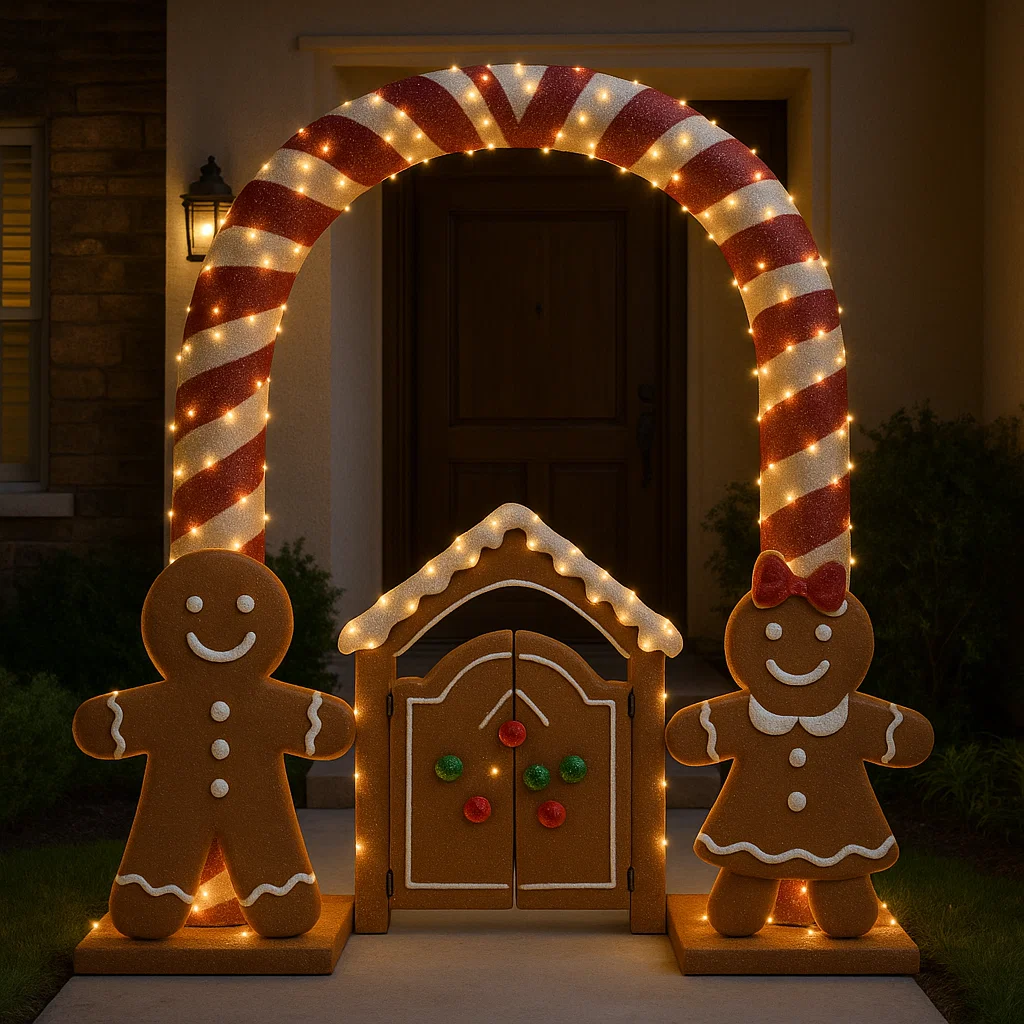 Lighted candy cane archway with gingerbread figures by house entrance.