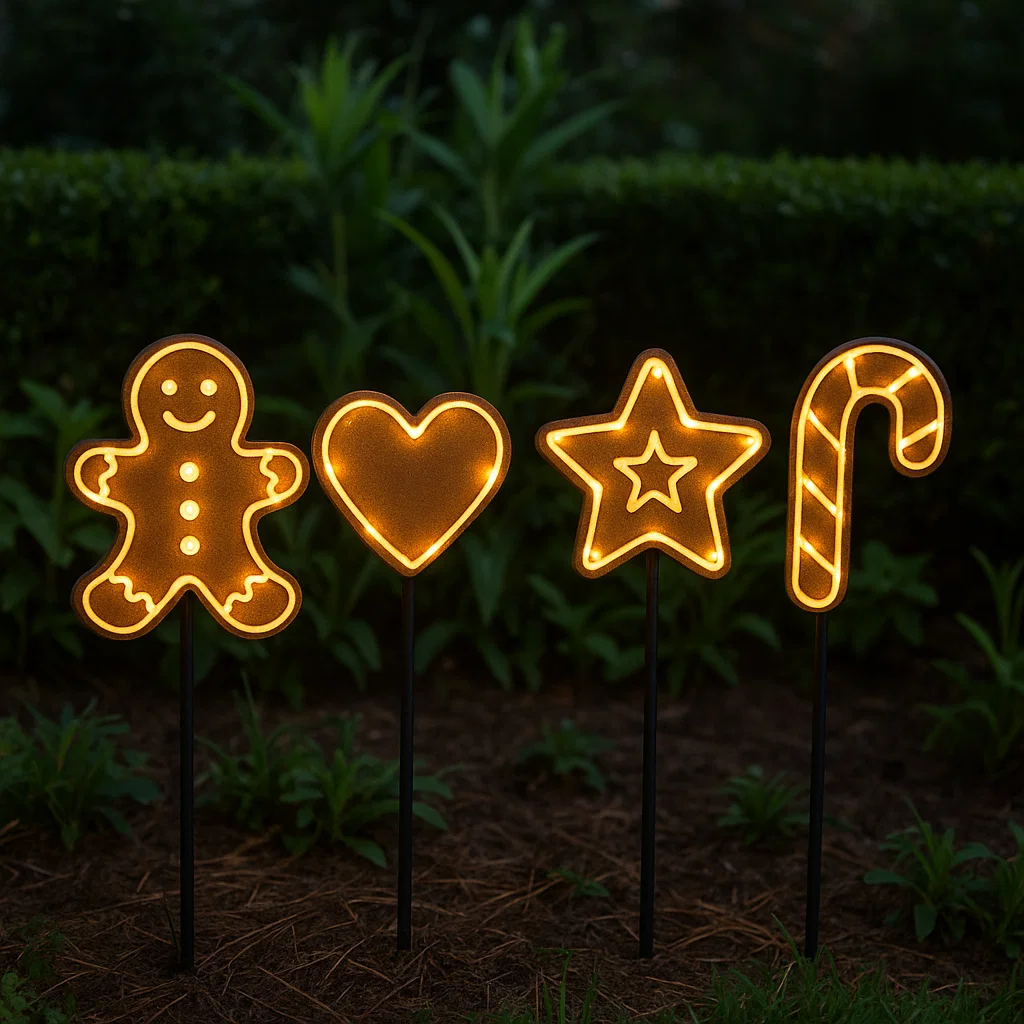 Glowing gingerbread garden lights shaped as heart, star, and candy cane.