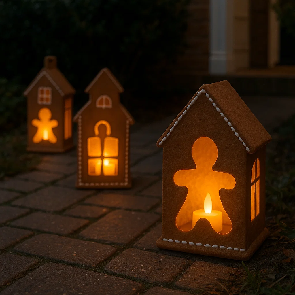 Gingerbread-style lanterns glowing warmly along outdoor pathway at night.