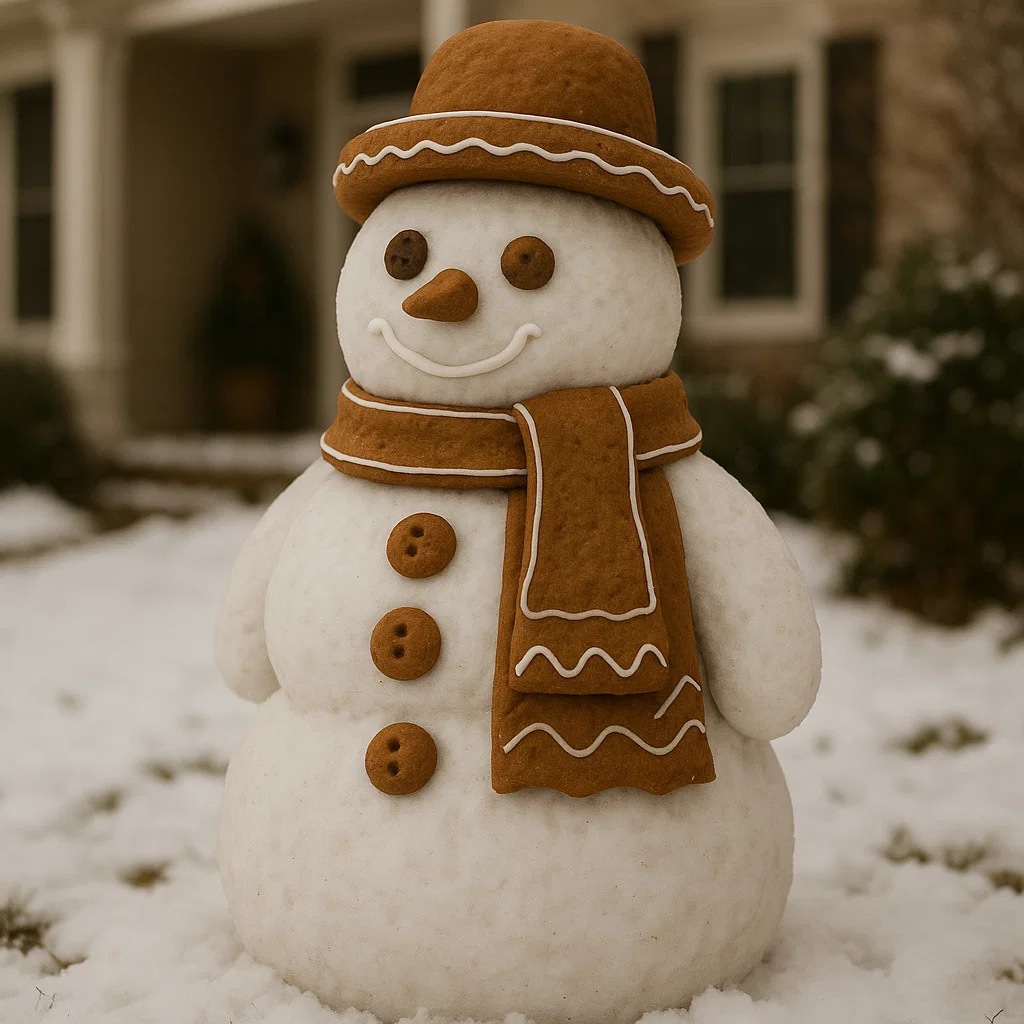 Gingerbread-themed snowman with scarf and hat standing in snowy yard.