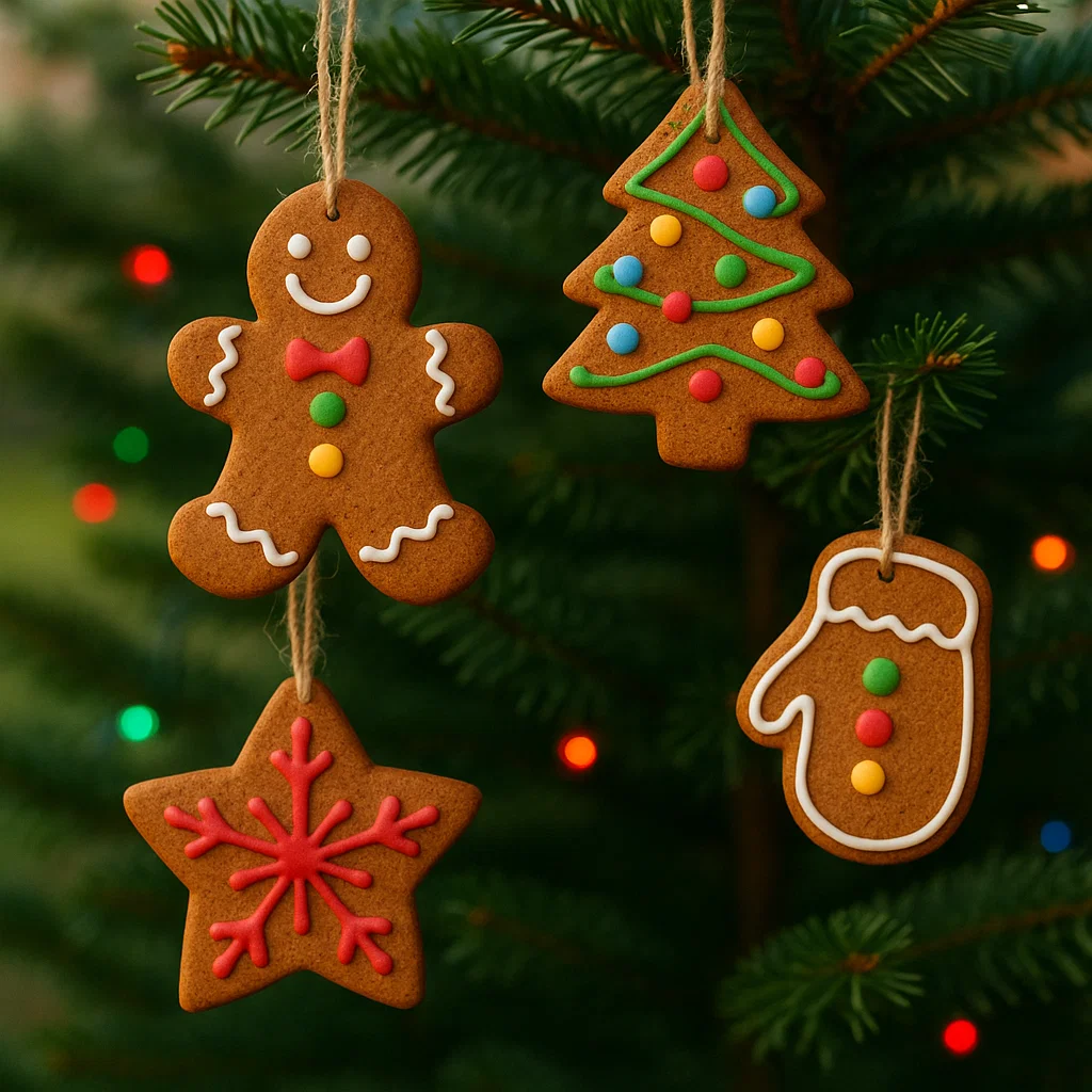 Hanging gingerbread ornaments shaped like star, tree, mitten, and man.