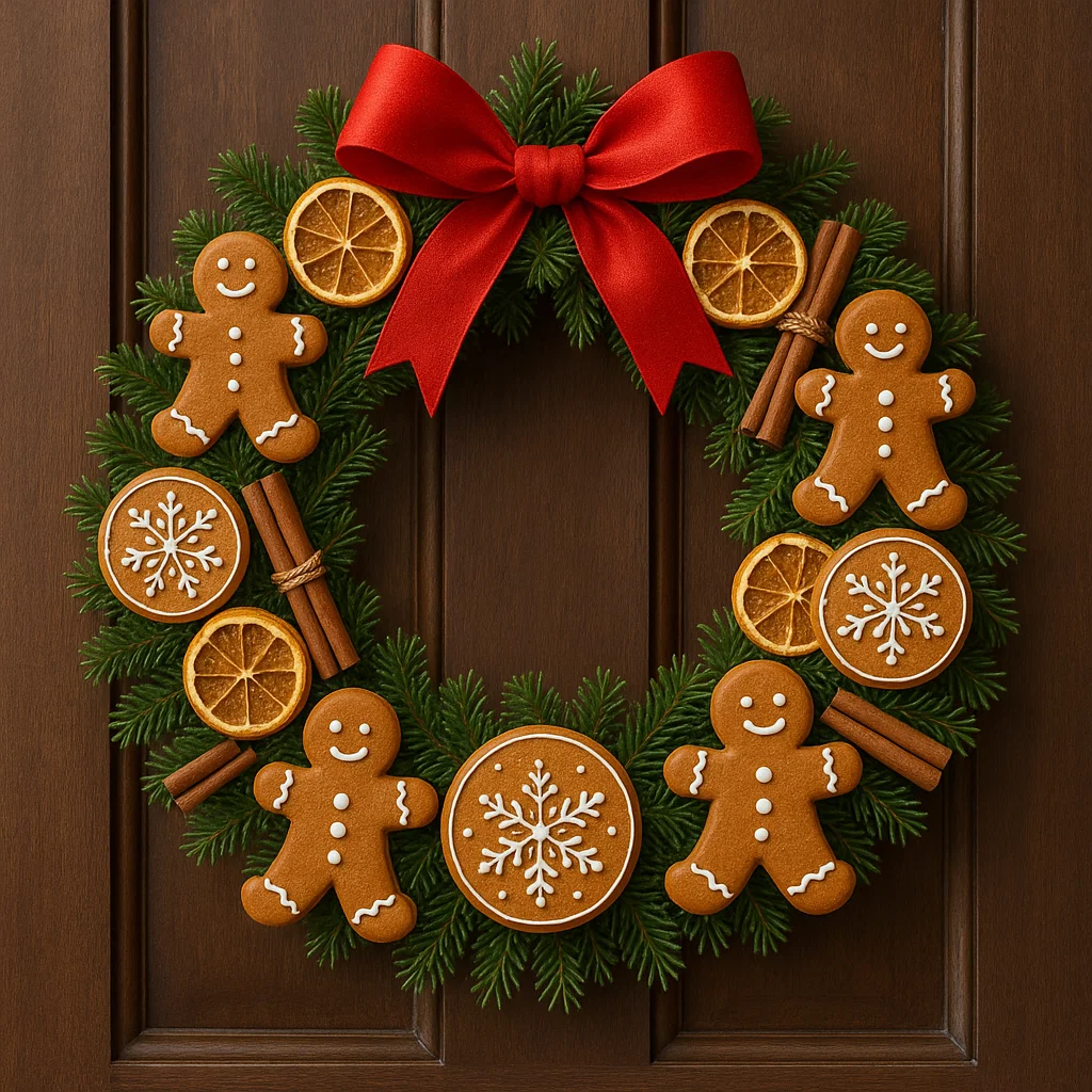 Christmas wreath decorated with gingerbread cookies, oranges, and red bow.
