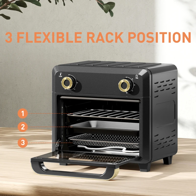 Black mini oven showing three flexible rack positions for baking, grilling, and roasting.
