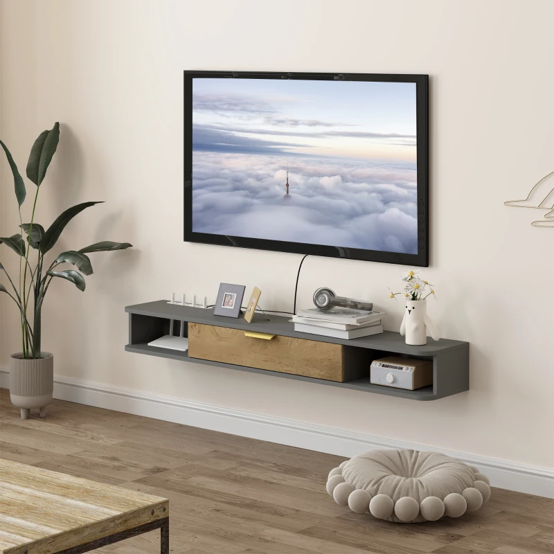Wall-mounted floating TV unit in grey with décor