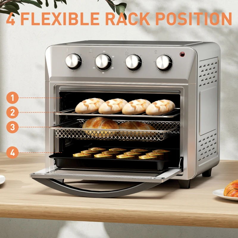 Modern digital air fryer mini oven with LED touch controls and glowing interior shelves.
