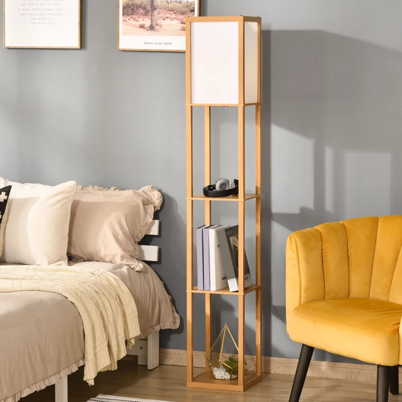 Natural wood floor lamp with four open shelves placed in a bright corner.