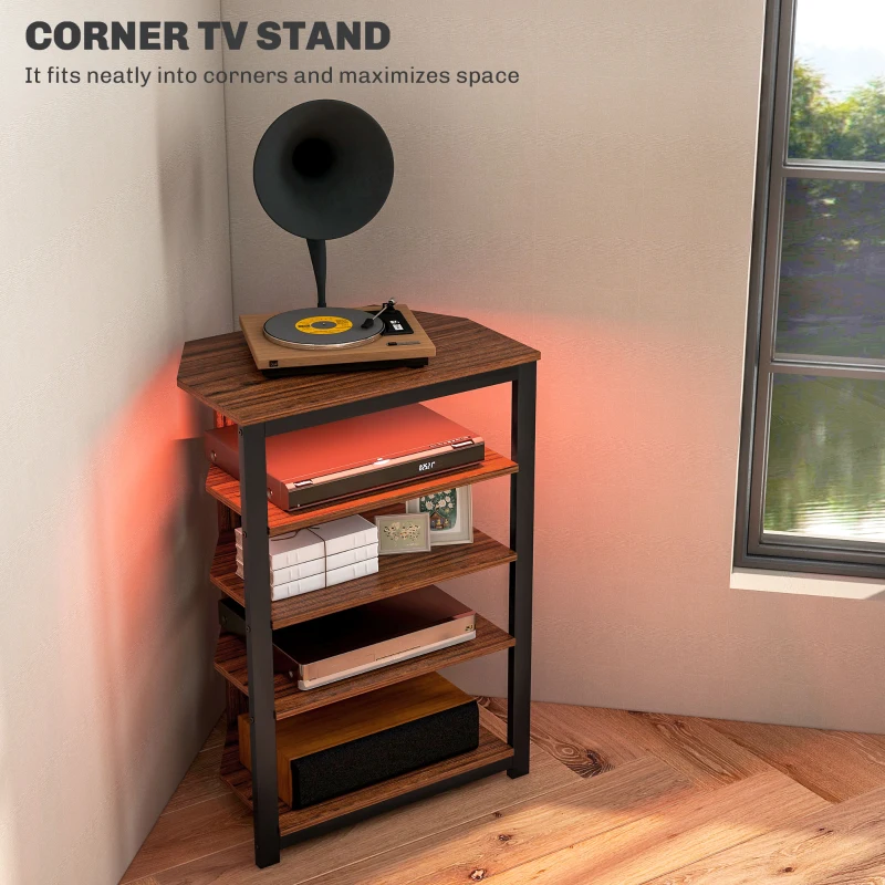 Corner TV stand with LED glow and wooden shelves