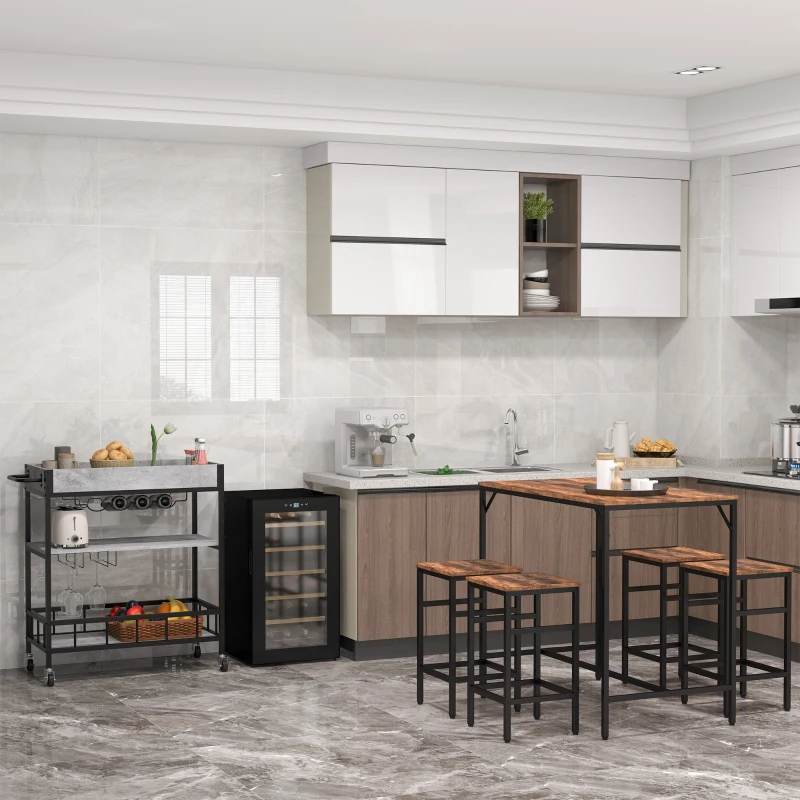 Rustic wood-top breakfast bar set with black metal frame in contemporary kitchen.
