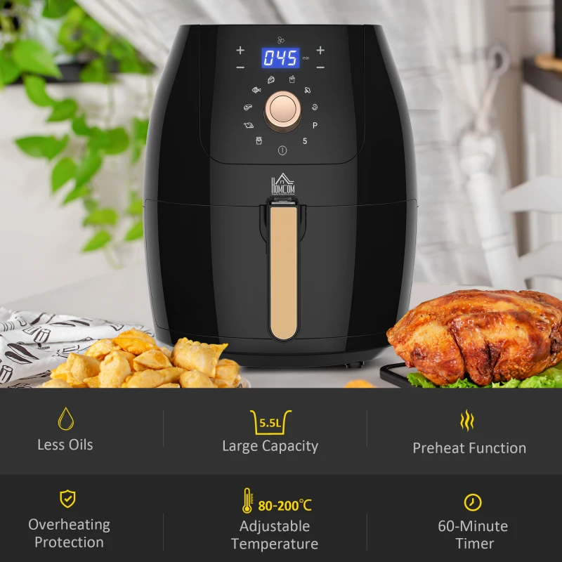 Large digital air fryer showing cooking modes like preheat, timer, and temperature control.
