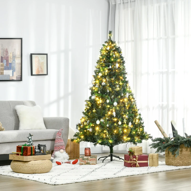Pre-lit Christmas tree with warm white lights brightening a cosy living room corner.
