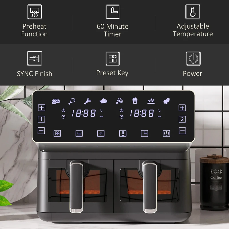 Double basket air fryer with touch controls showing cooking functions and presets.

