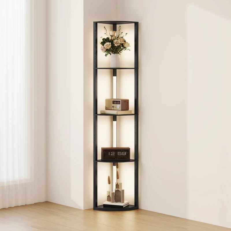 Black corner LED floor lamp with four illuminated shelves in a minimalist room.
