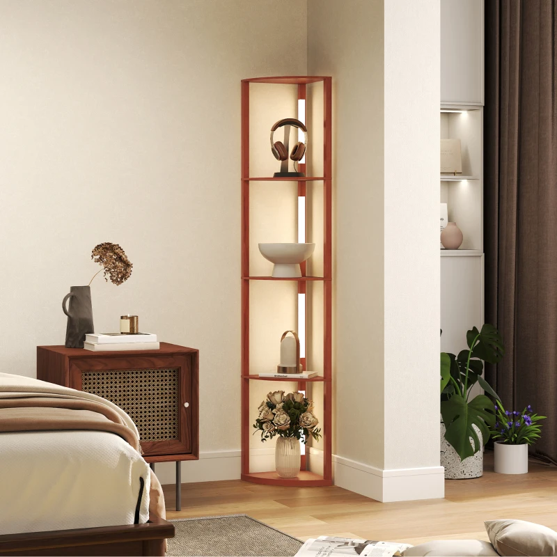 Brown corner floor lamp with LED lighting and decorative shelves in a bedroom.