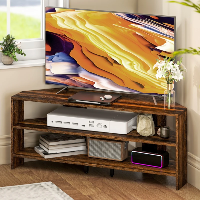Rustic brown corner TV stand with shelves and modern décor