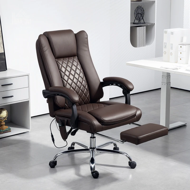 Brown leather executive chair with quilted back and footrest