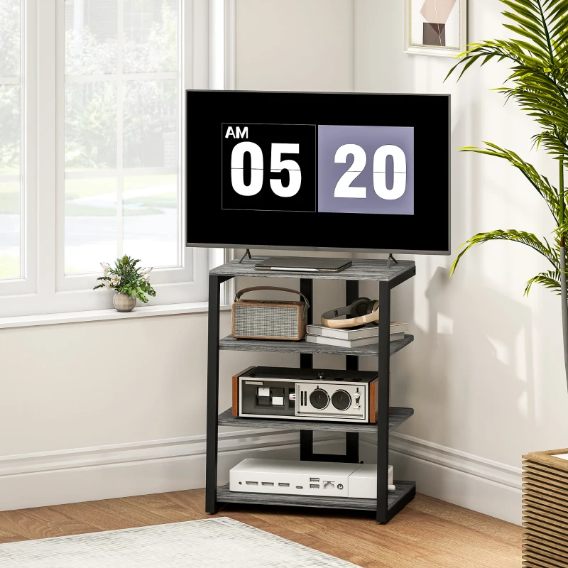 Compact four-tier TV and HiFi stand beside window
