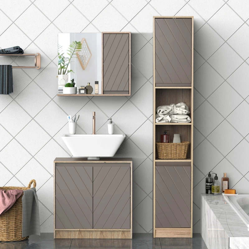 Bathroom mirror cabinet with shelves and sink against tiled wall