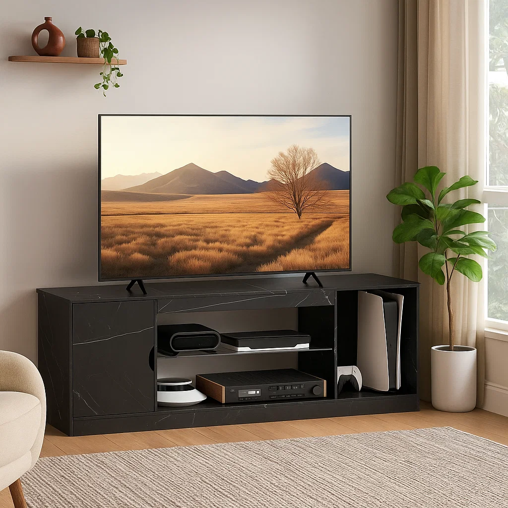 Black marble-effect TV cabinet with wide shelves and modern décor