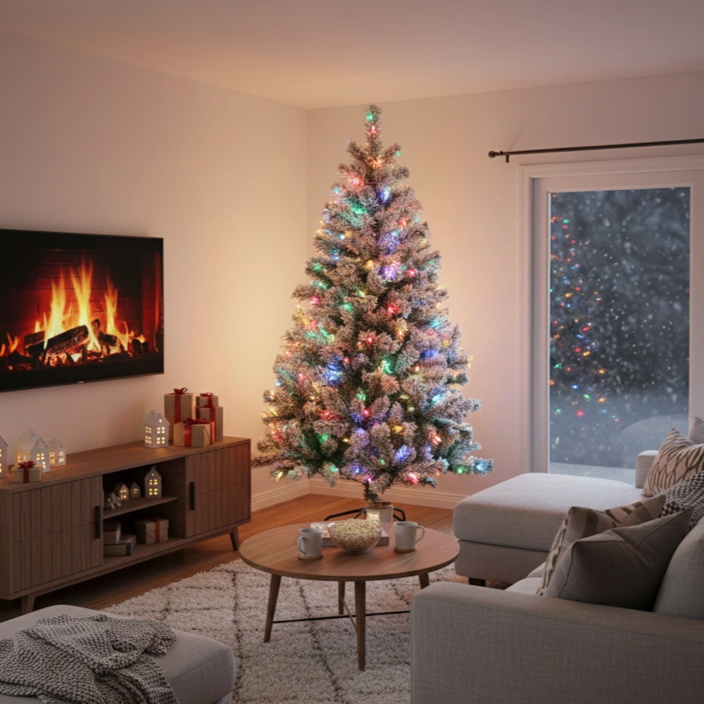 Snow-frosted Christmas tree glowing with multicolor lights indoors.