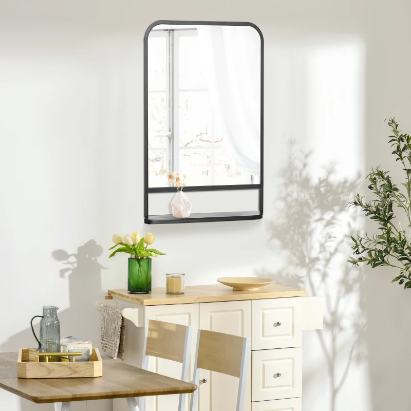Square wall mirror with small storage shelf in bright kitchen space
