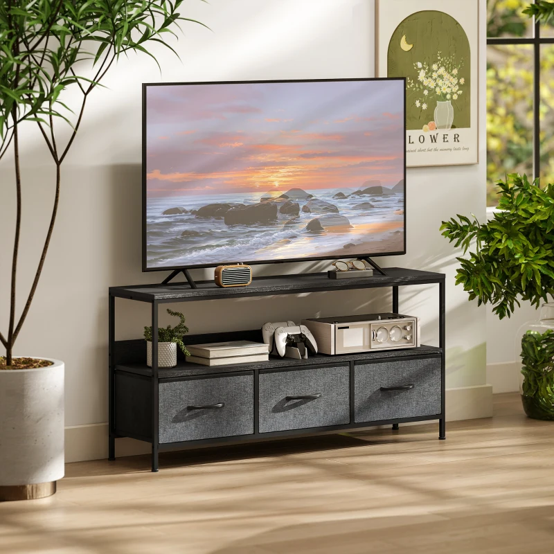Modern black TV stand with fabric drawers and open shelving