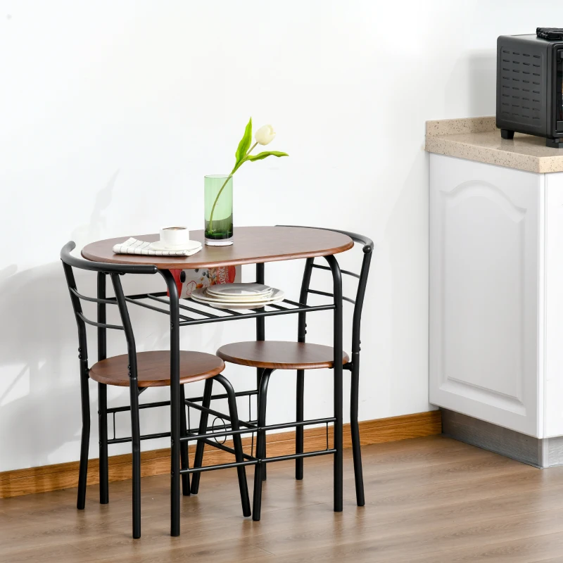 Small wooden dining table with two metal frame chairs in compact kitchen corner.
