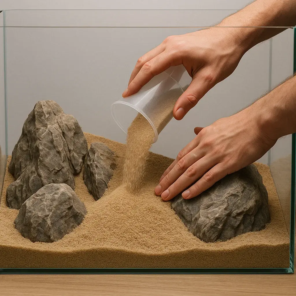 Adding tan sand substrate around large decorative rocks in aquarium.