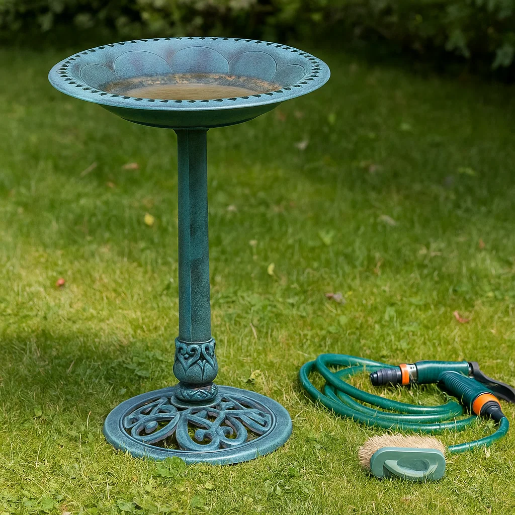 Green bird bath with hose and brush sitting on grass.